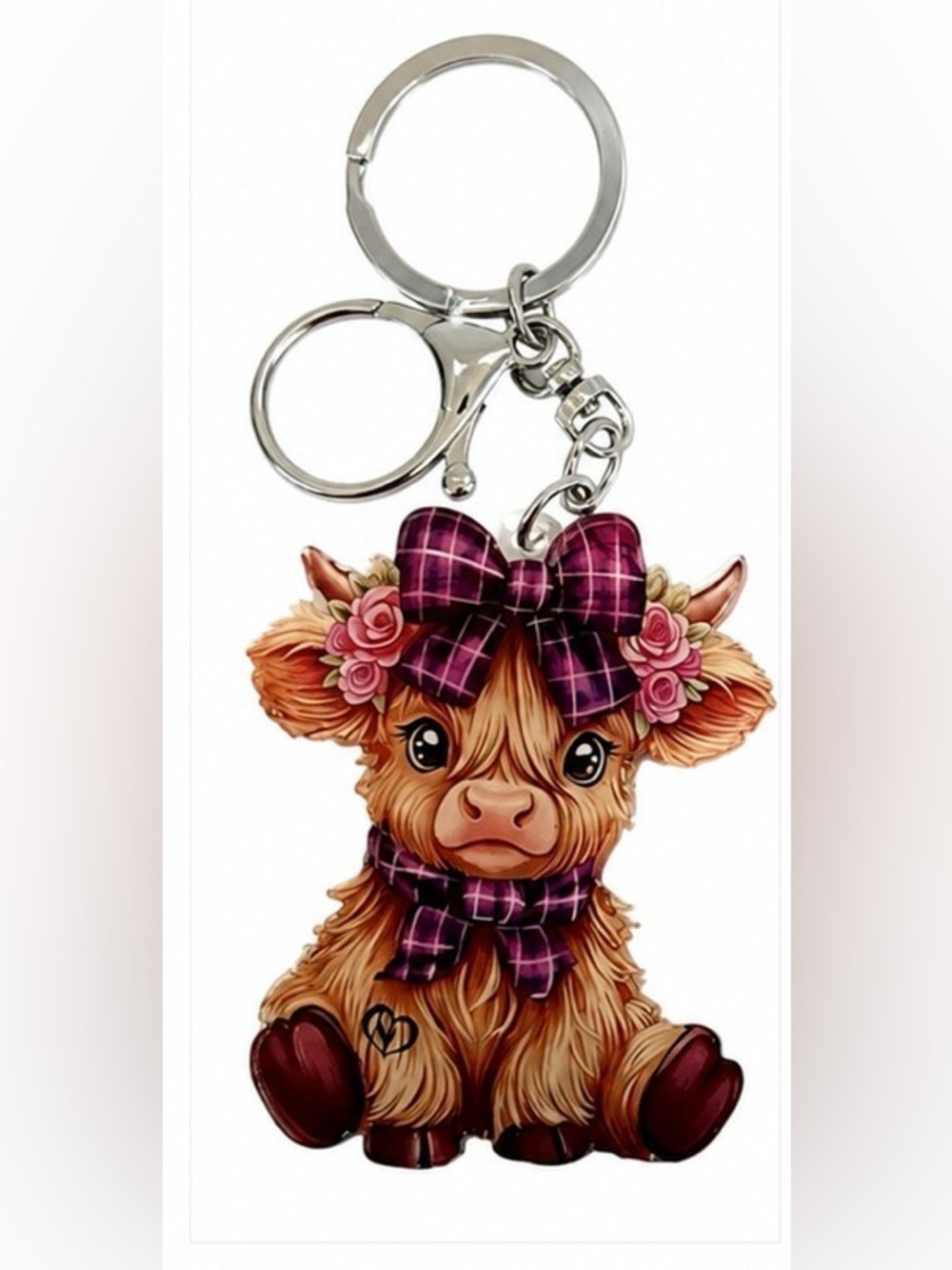 Cute Highland Cow Keychain - Pink Plaid Bow